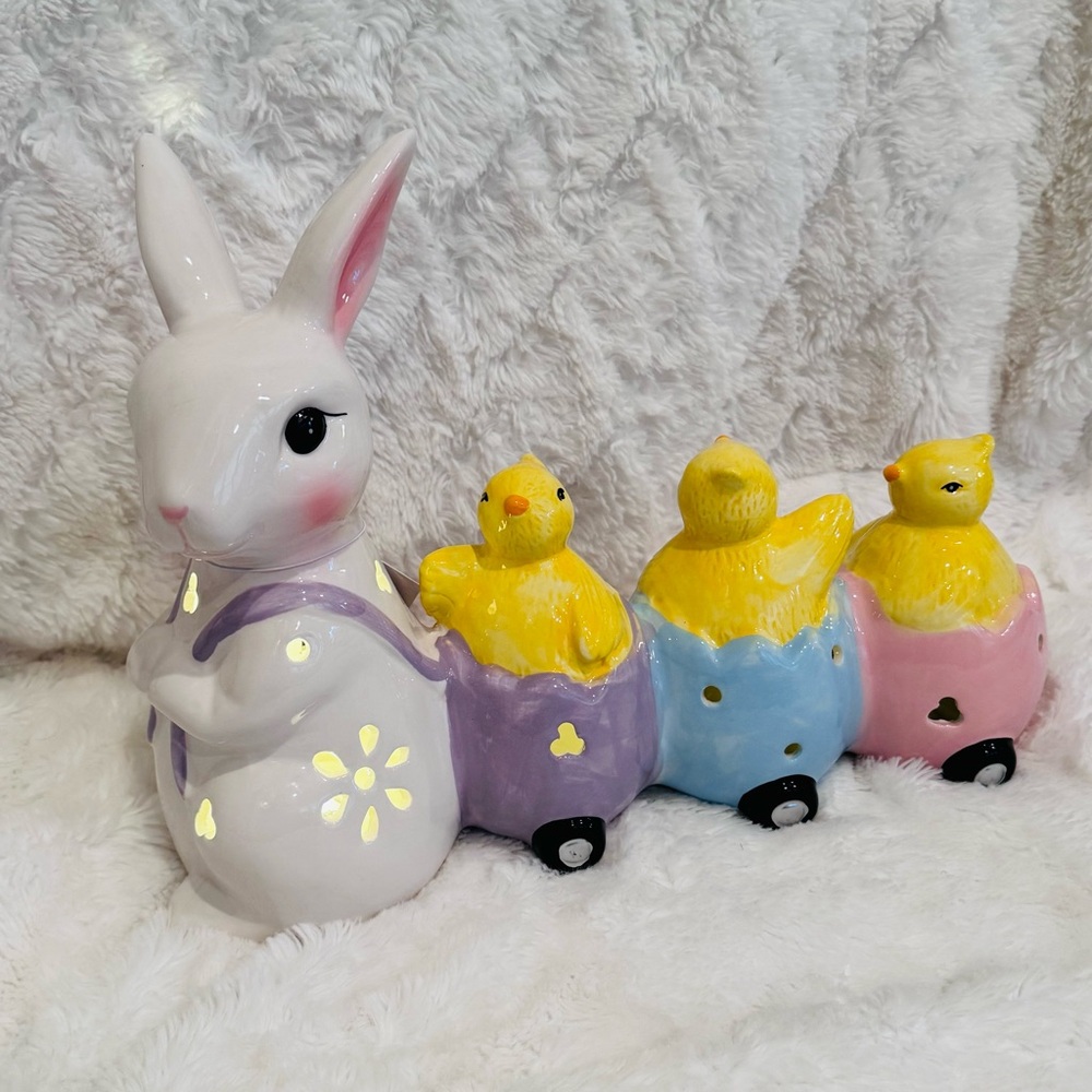 Easter Bunny Train Chicks In Eggs Pastel LED Light Up Ceramic Centerpiece NEW